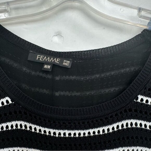 FEMME Open Knit Sheer Back Detail Striped Sweater Crew Lightweight Coastal Top M - Picture 4 of 15
